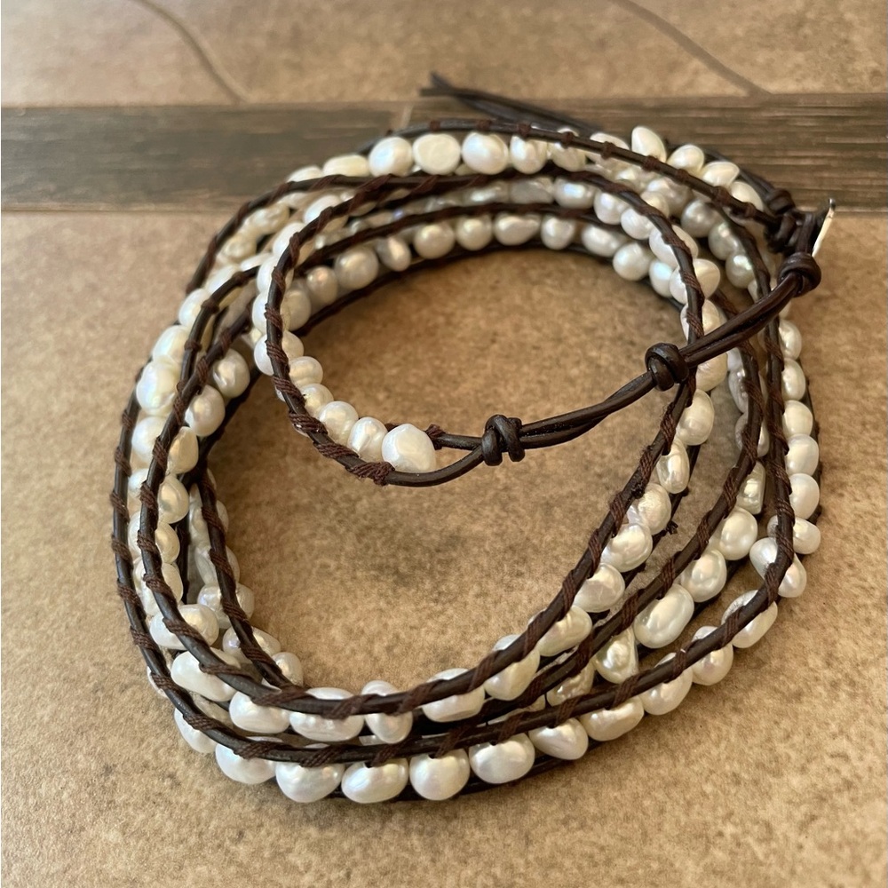Chan Lu Elegant Pearl and Brown Leather  Wrap Bracelet